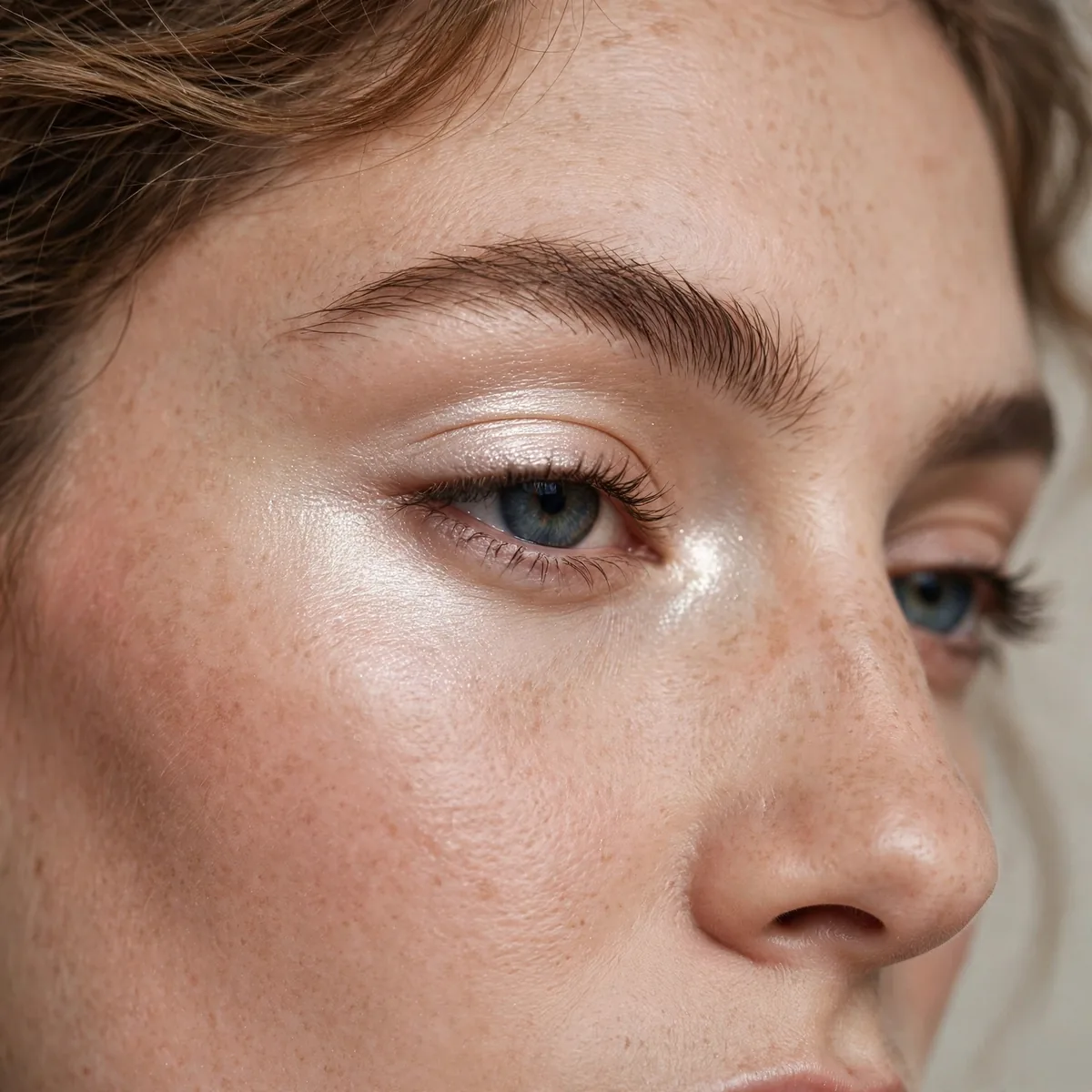 Pearlescent highlighter brightening the inner corner of the eyes
