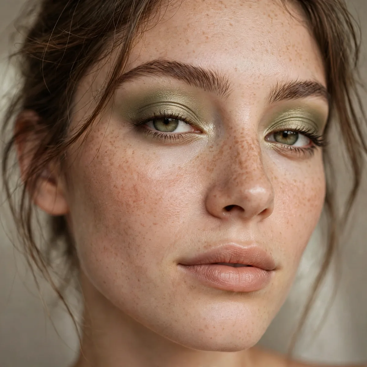 Satin olive green eyeshadow for an unexpected beginner neutral