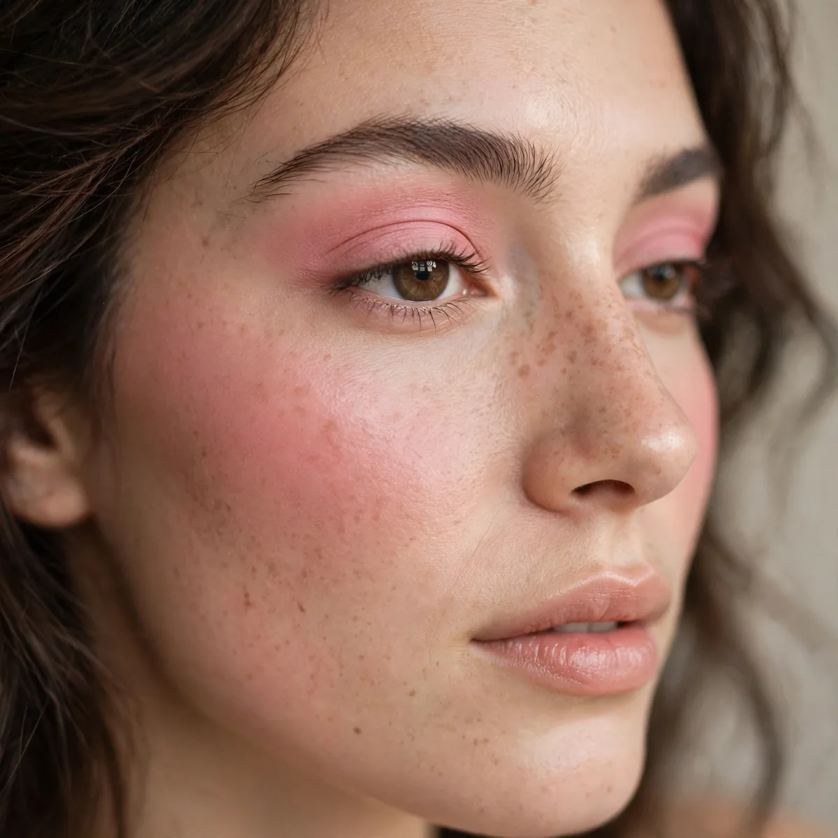Blush pink eyeshadow on the lids with matching cheeks for beginners