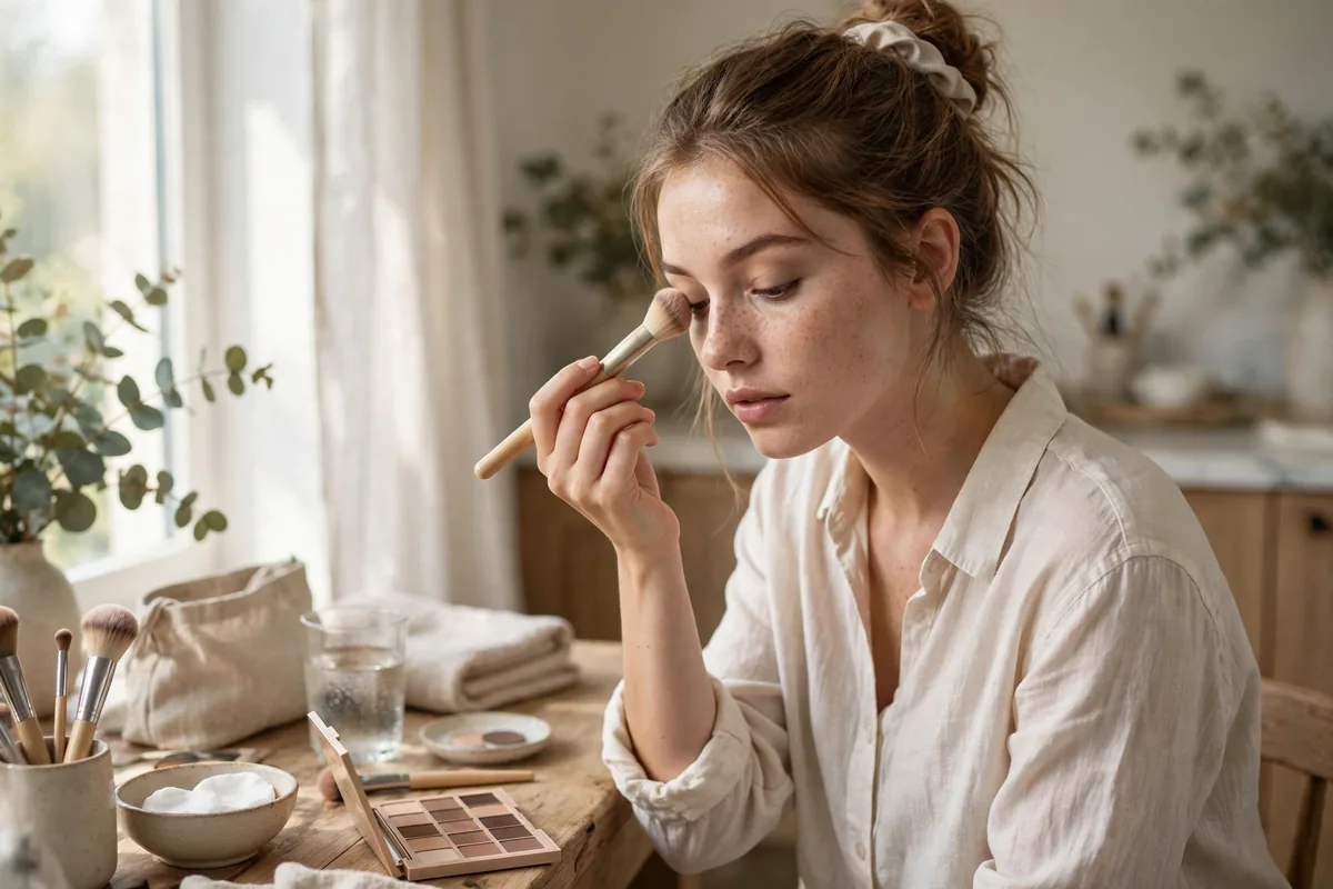 Beginner applying a soft neutral eyeshadow wash with a fluffy blending brush