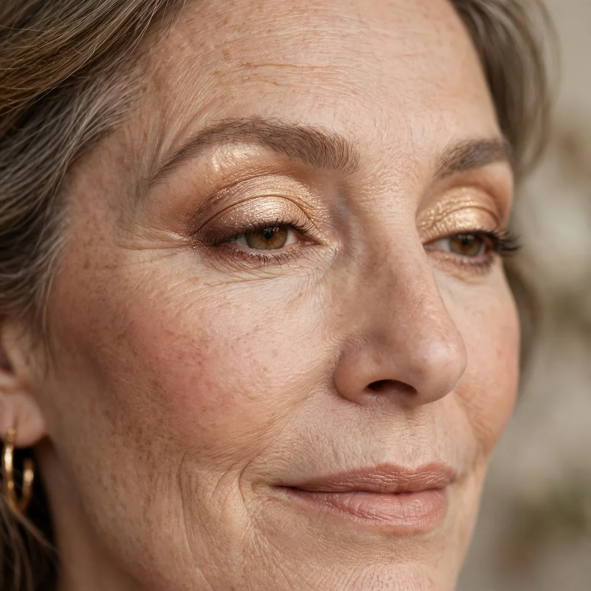 Warm champagne eyeshadow glowing on mature eyelids