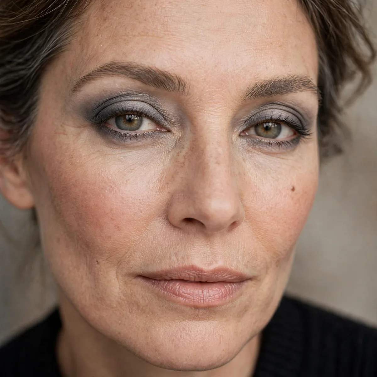 Softly feathered gray eyeshadow defining mature eyes