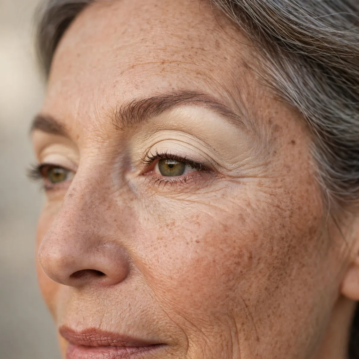 Creamy beige eyeshadow blended seamlessly on mature lids