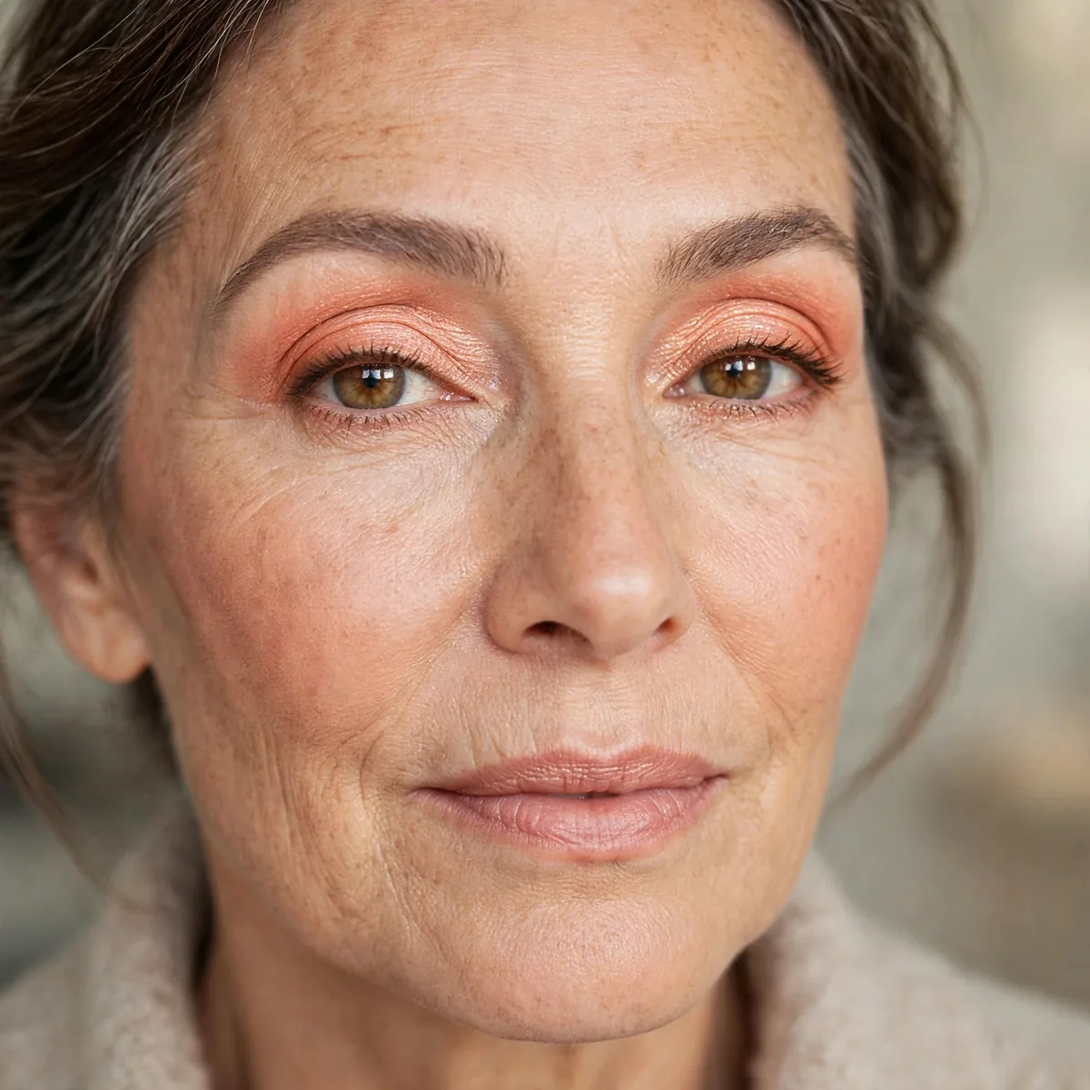 Peachy eyeshadow brightening mature eyes with fresh color