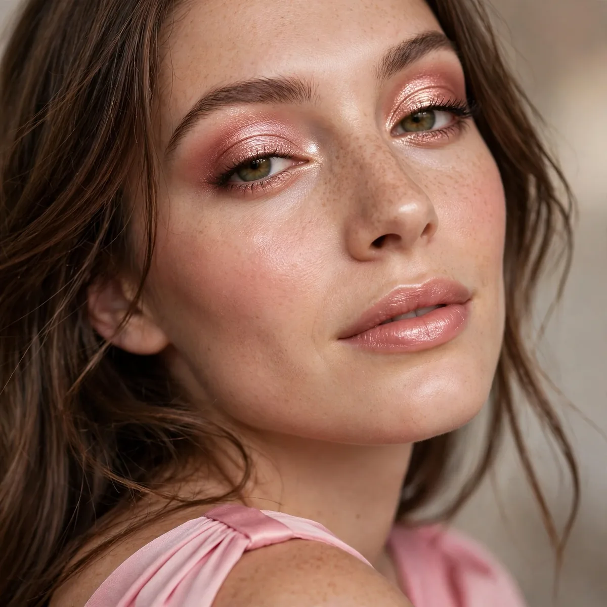 Rose gold eyeshadow glowing on lids paired with a pink dress