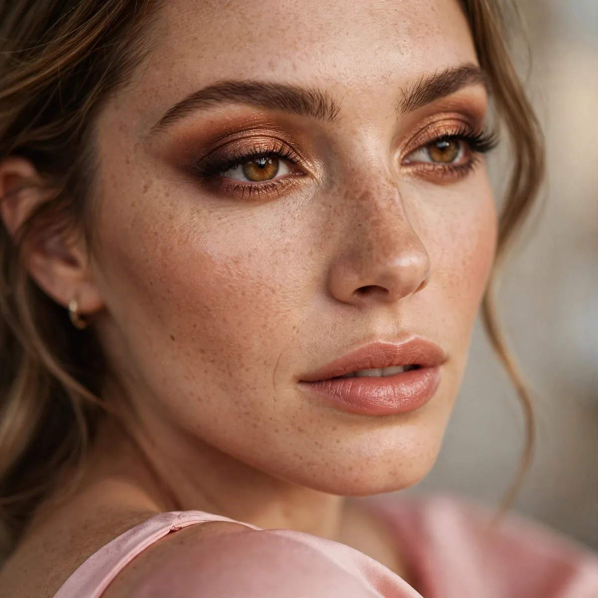 Warm bronze eyeshadow harmonizing beautifully with a pink dress