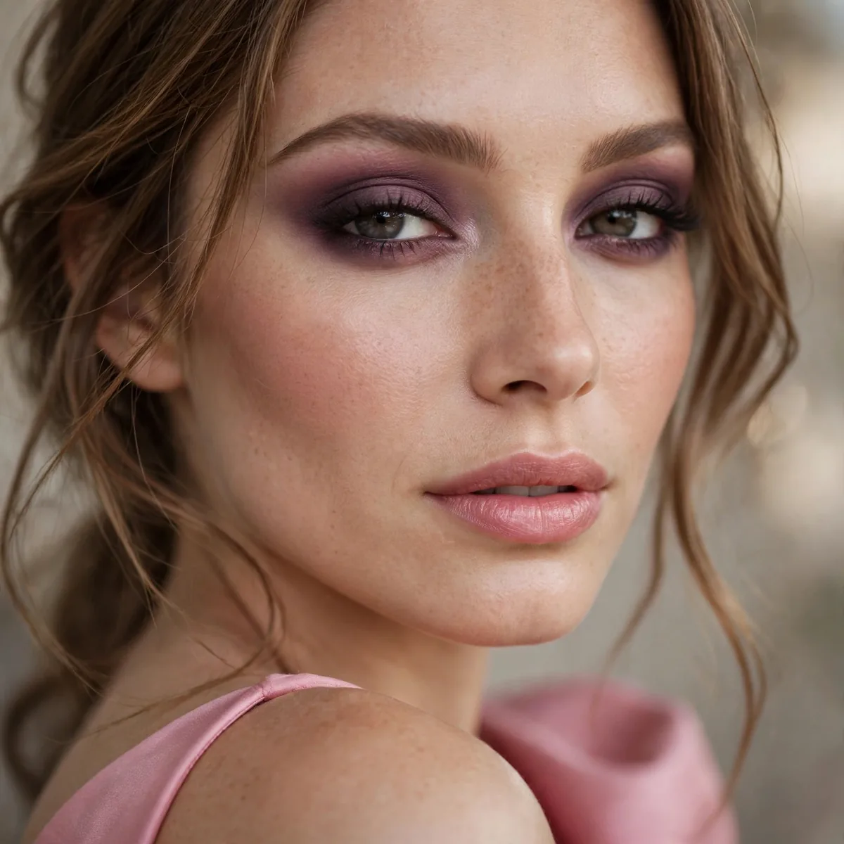 Mauve smokey eyeshadow paired elegantly with a pink dress