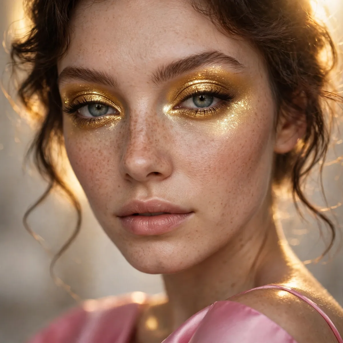 Golden halo eyeshadow brightening eyes with a pink dress
