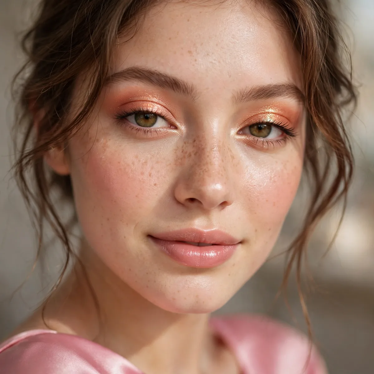 Peach shimmer eyeshadow sweet and fresh with a pink dress