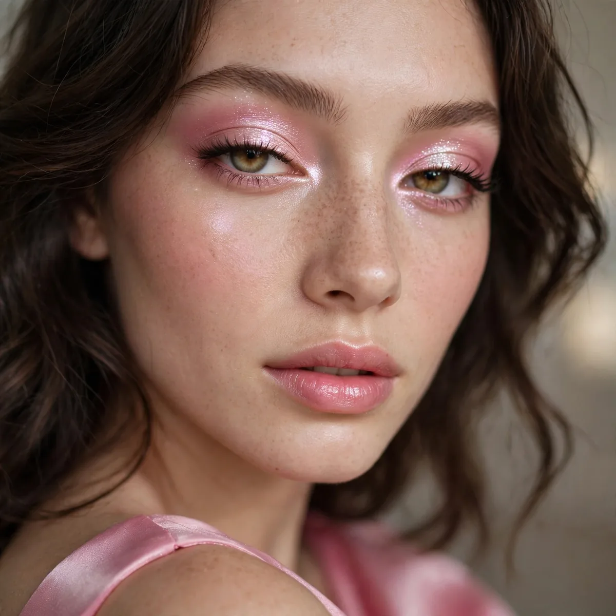 Pearlescent pink eyeshadow luminous with a pink dress