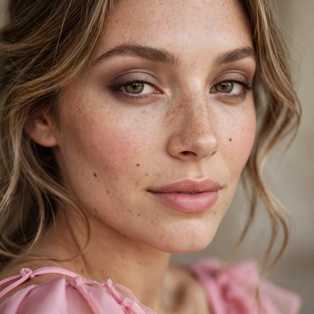 Warm taupe eyeshadow defining eyes softly with a pink dress