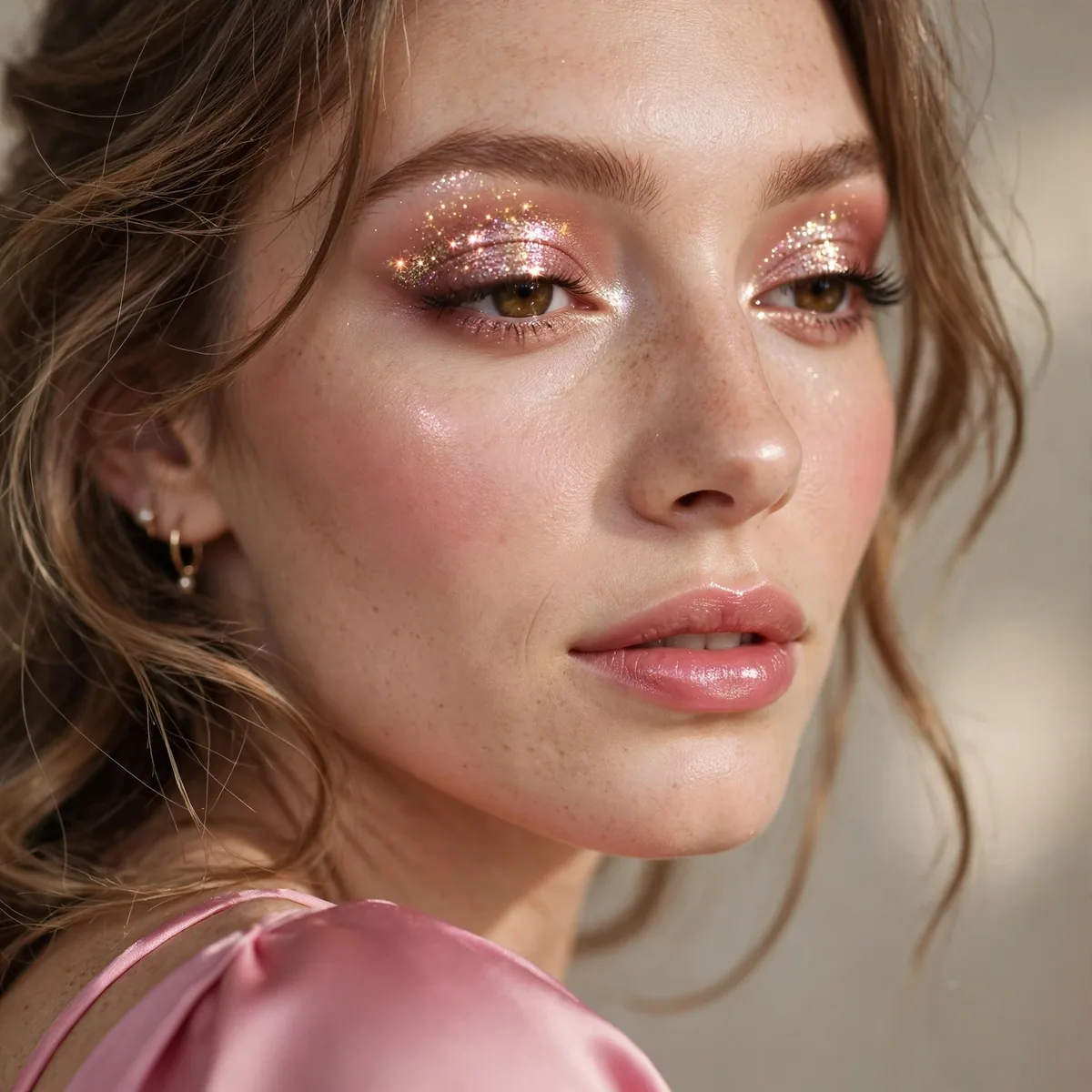 Rosé champagne sparkle eyeshadow festive with a pink dress