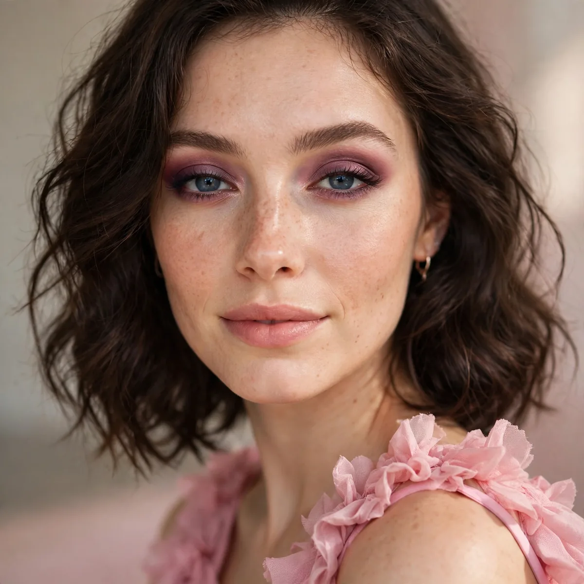 Soft plum eyeshadow contrasting elegantly with a pink dress