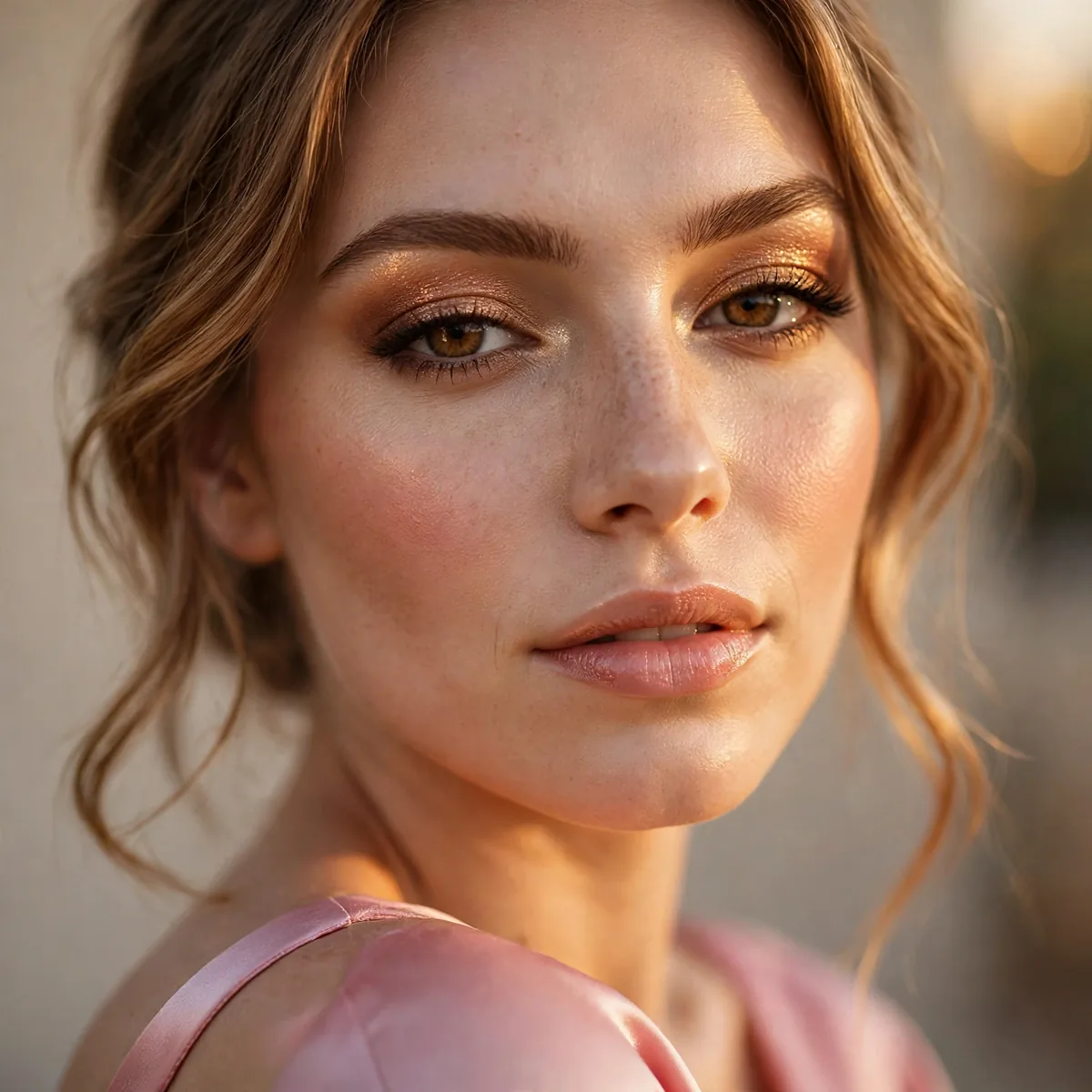 Golden hour inspired shimmer eyeshadow with a pink dress