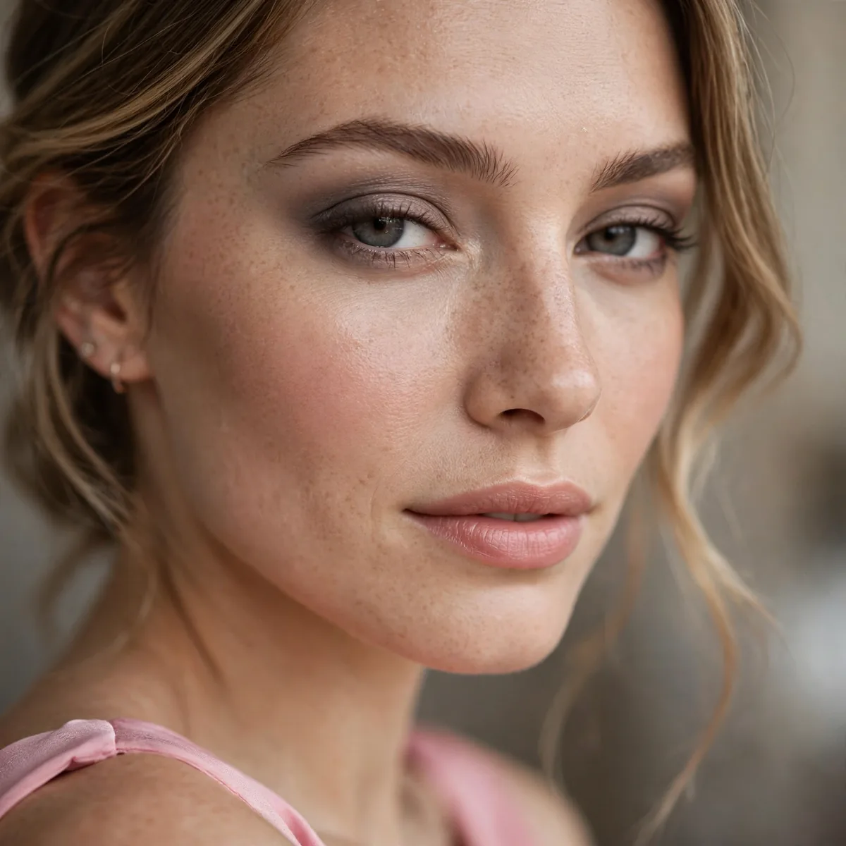 Warm gray eyeshadow elegant and understated with a pink dress