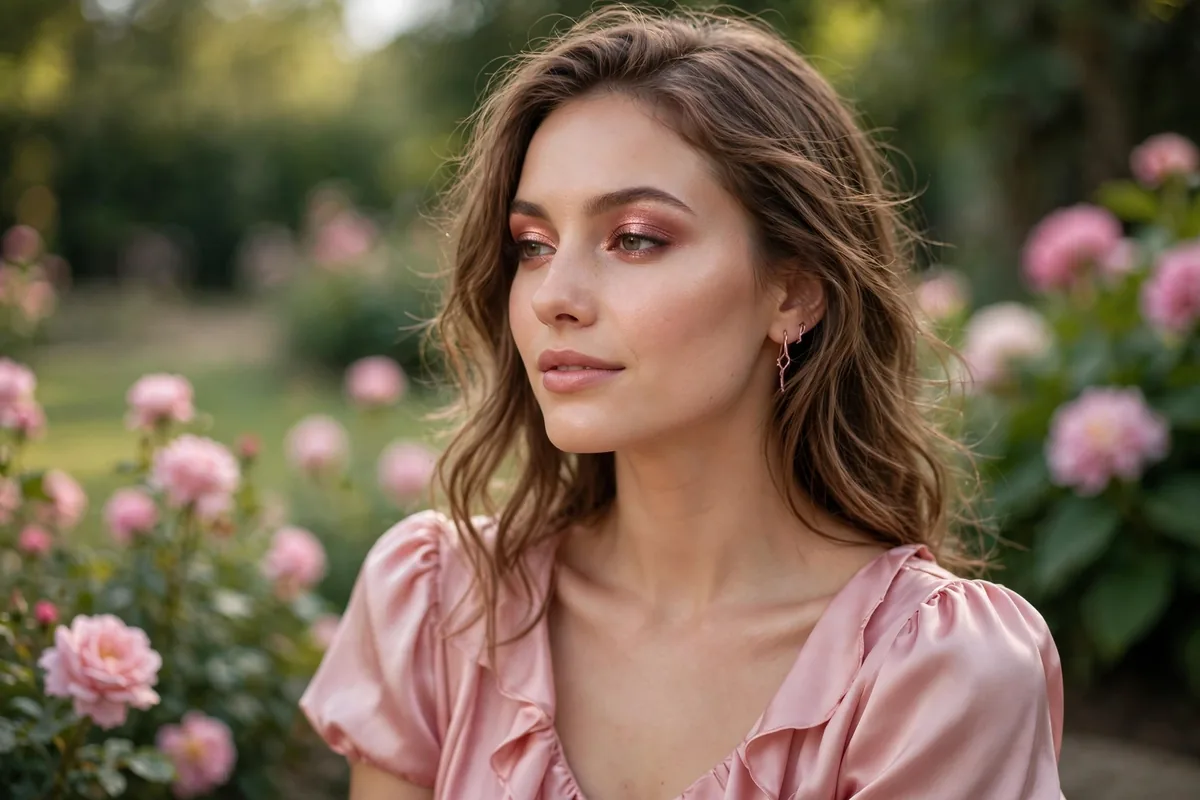 Woman in a pink dress wearing rose gold eyeshadow that complements her outfit