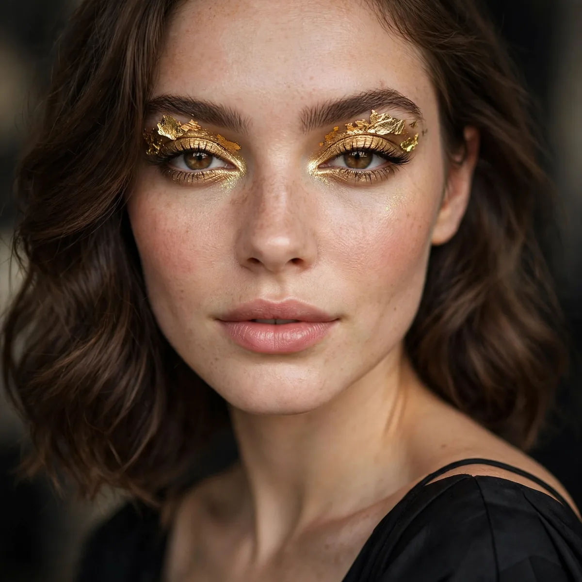 Gold foil eyeshadow glamorous against a black dress