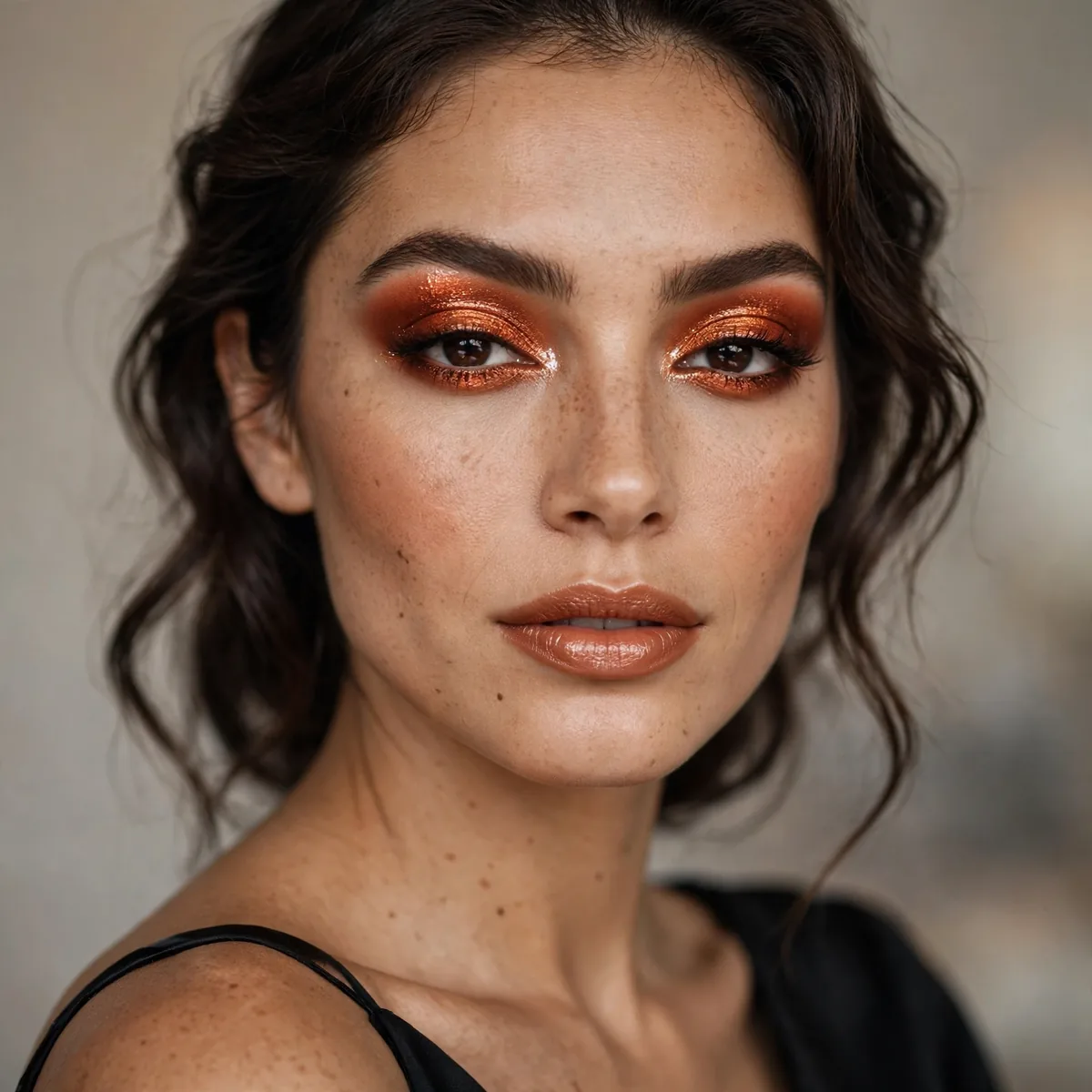 Bold copper eyeshadow statement with a black dress