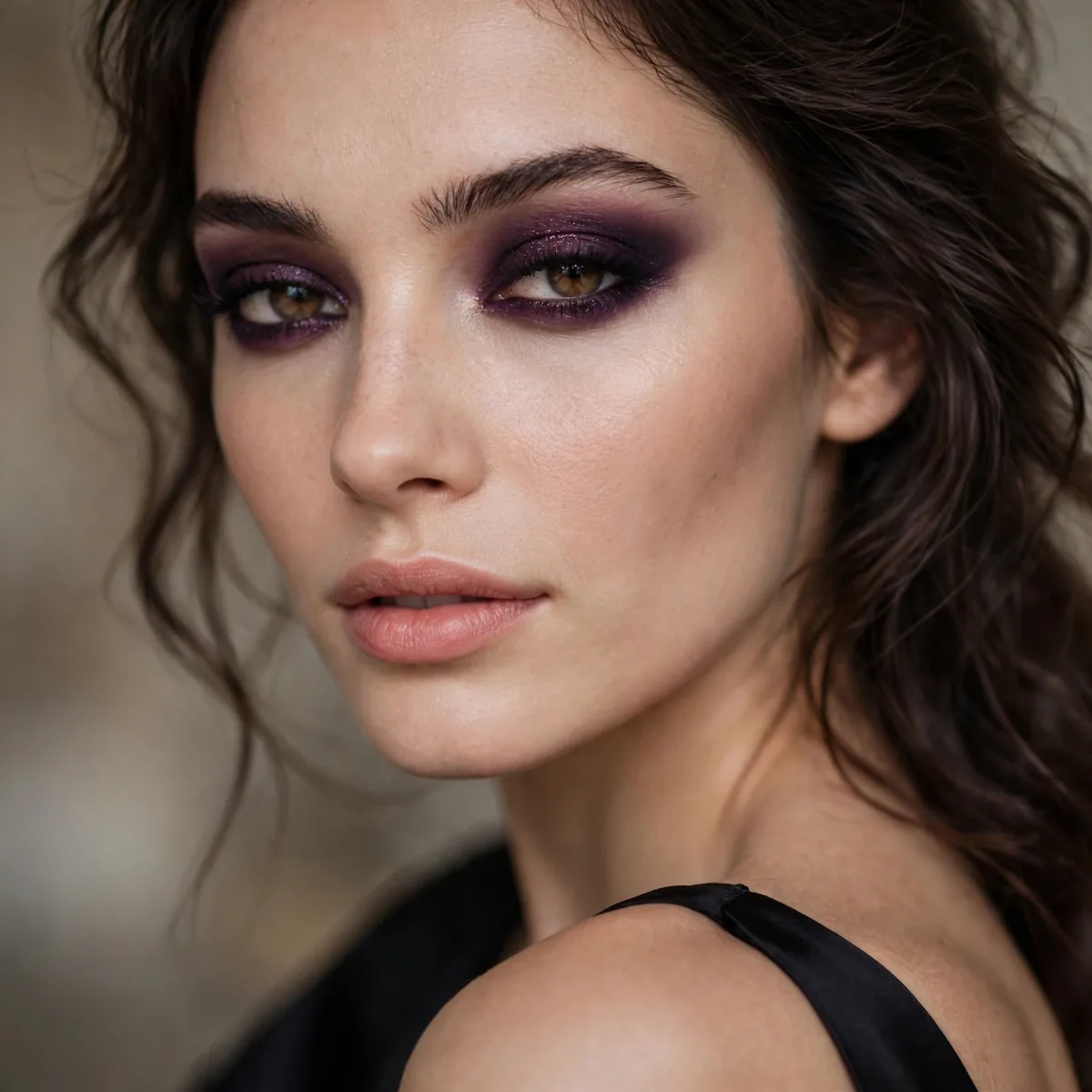 Plum smokey eyeshadow romantic and deep with a black dress