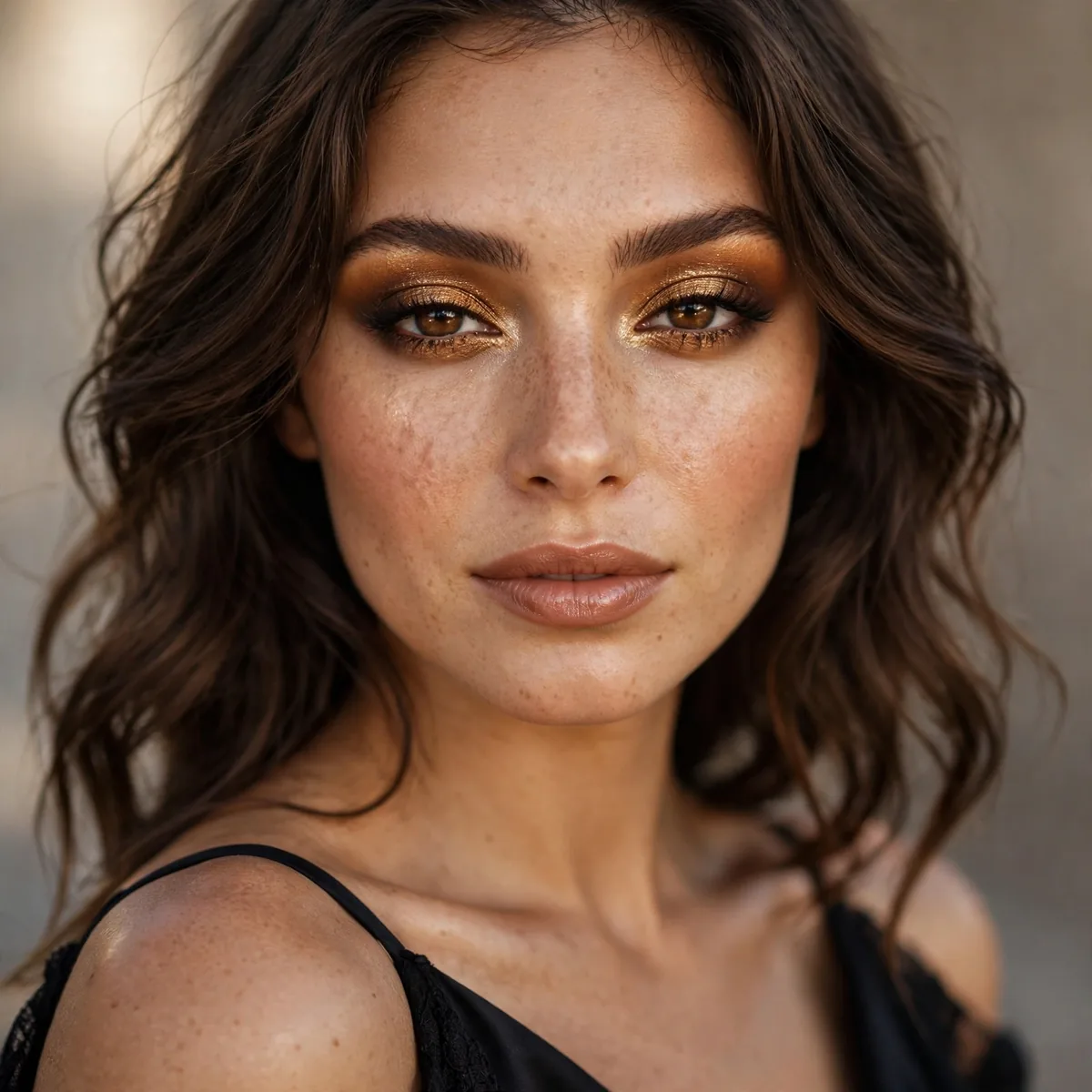 Golden bronze eyeshadow blended richly with a black dress
