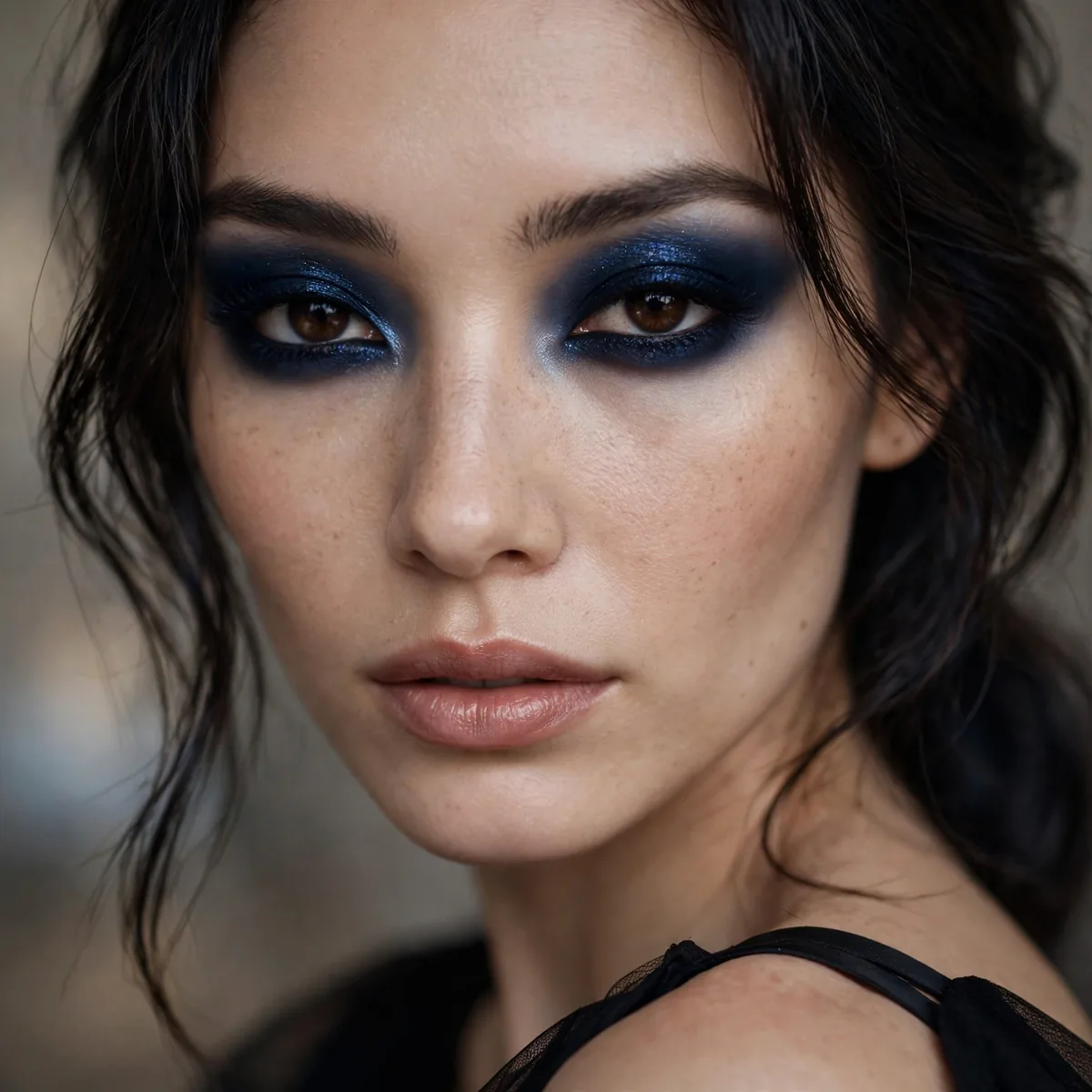Midnight blue eyeshadow deep and mysterious with a black dress