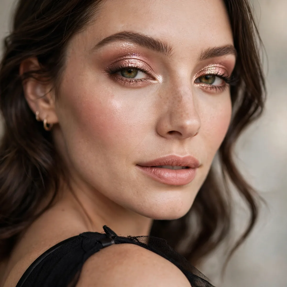 Rose gold eyeshadow elegant and feminine with a black dress