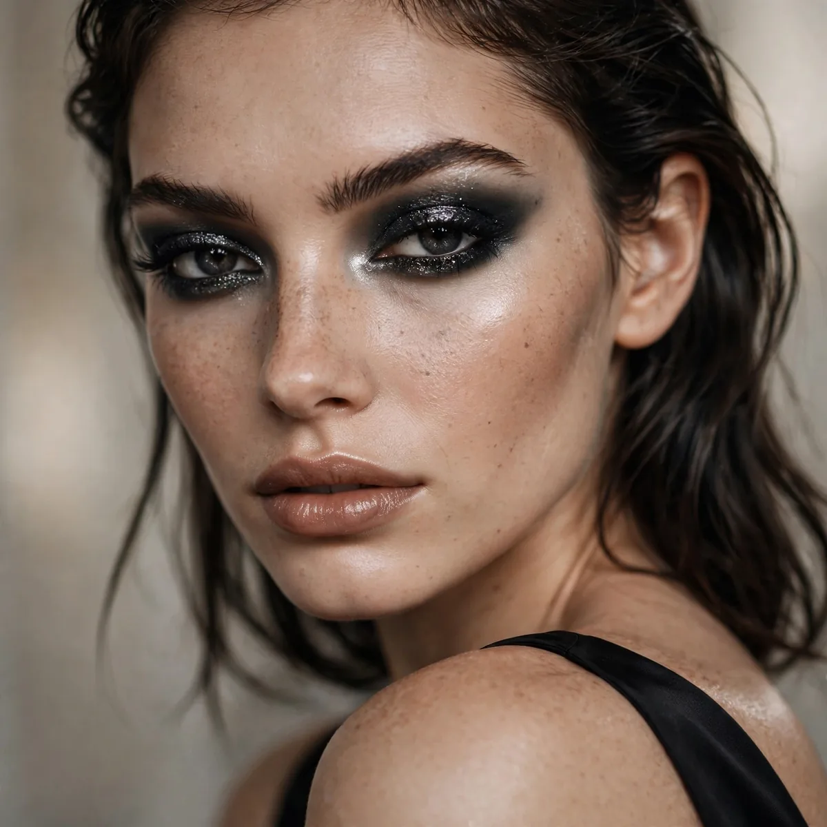 Charcoal shimmer eyeshadow edgy and luminous with a black dress