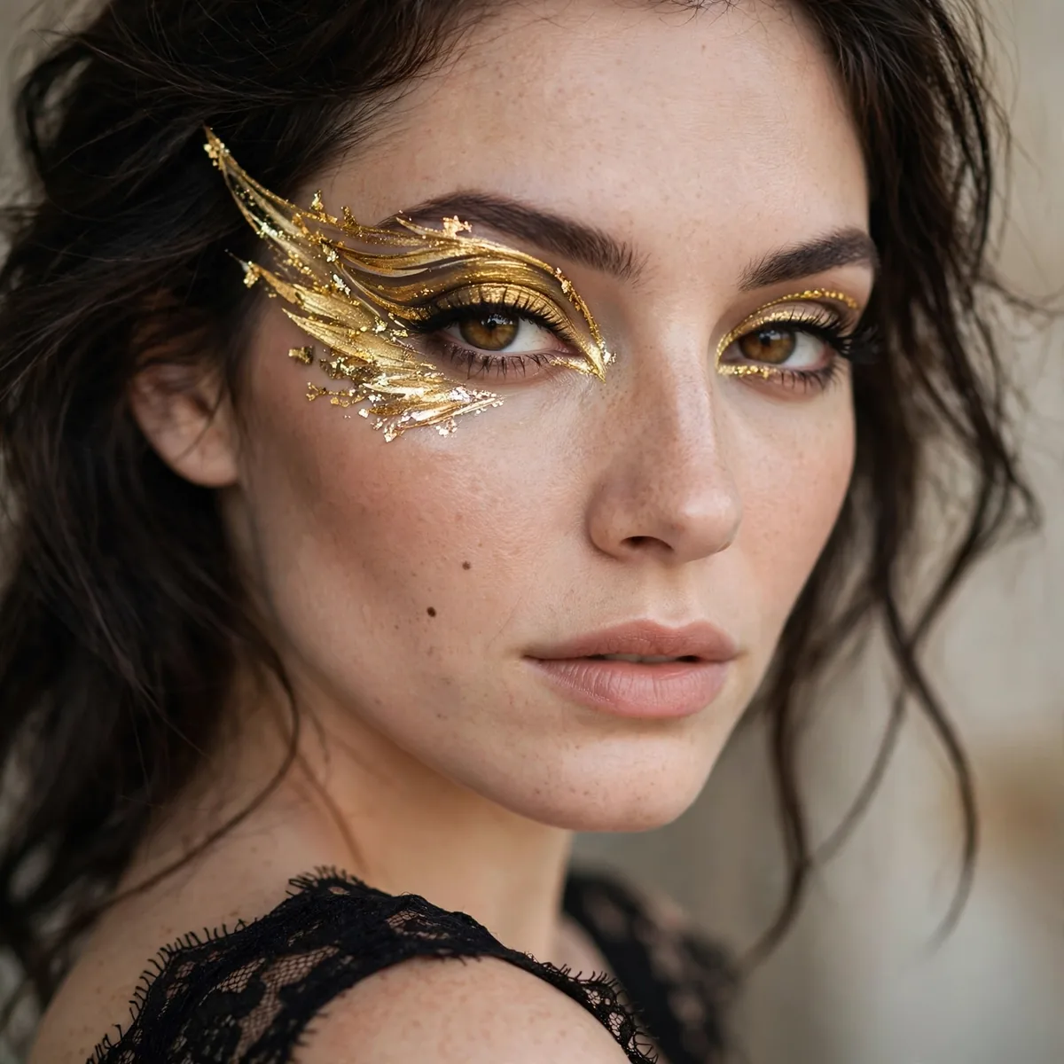 Gilded gold winged eyeshadow dramatic with a black dress