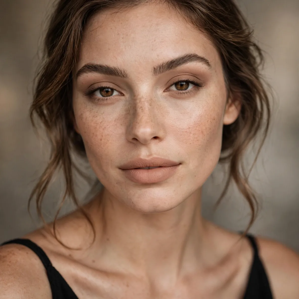 Soft nude matte eyeshadow understated with a black dress