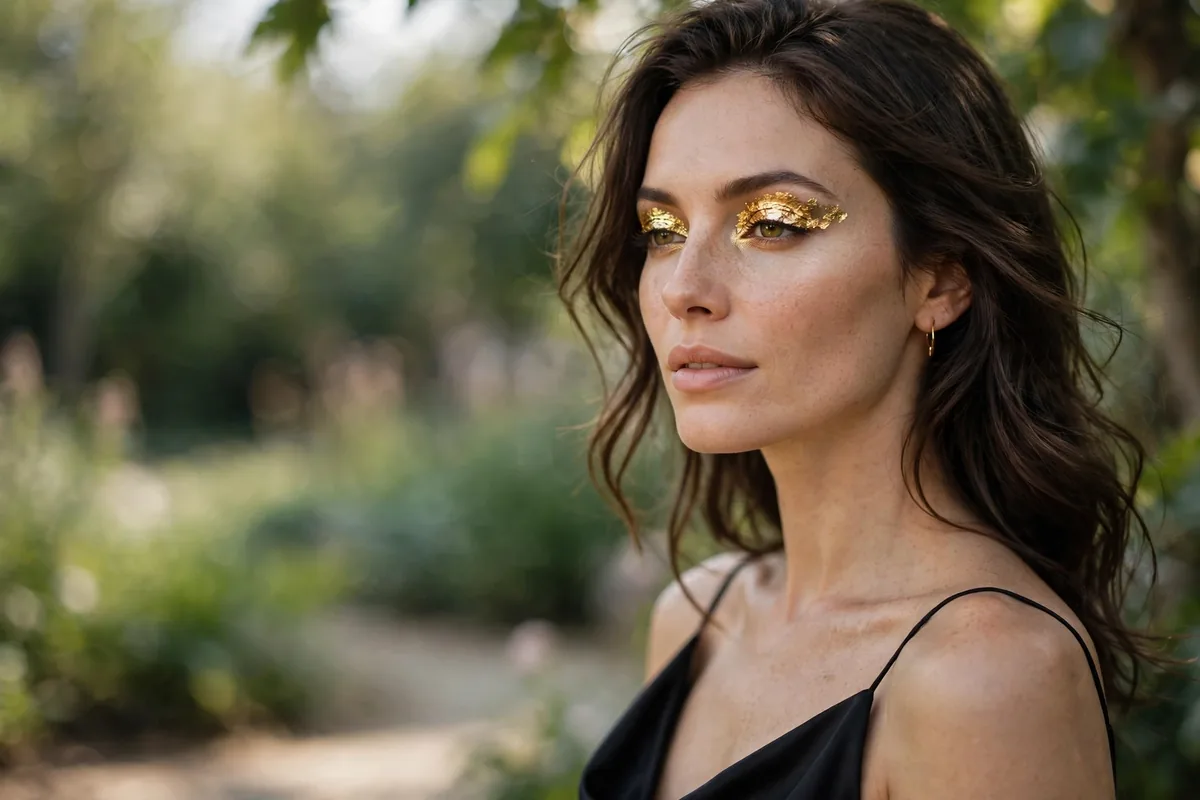Woman in a black dress wearing dramatic gold foil eyeshadow