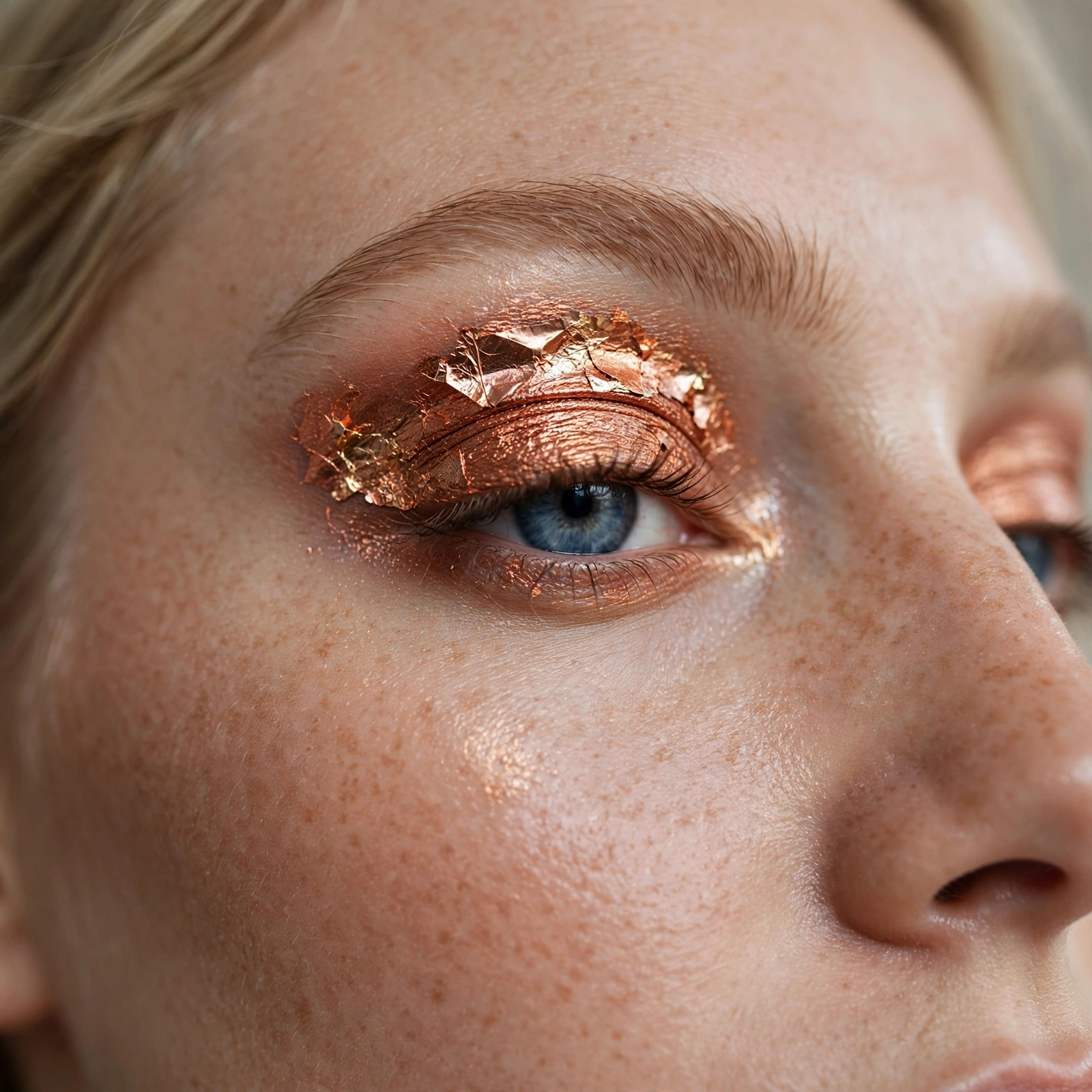 Copper foiled eyeshadow on blue eyes