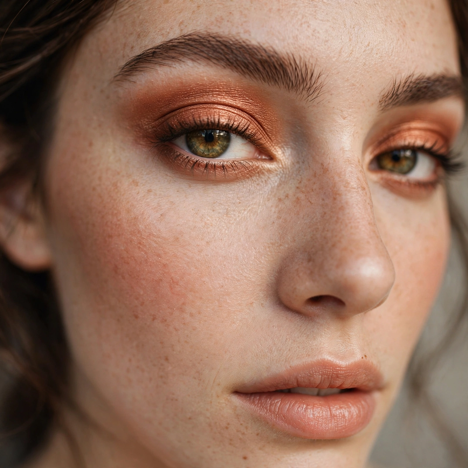 Warm copper eyeshadow on hazel eyes