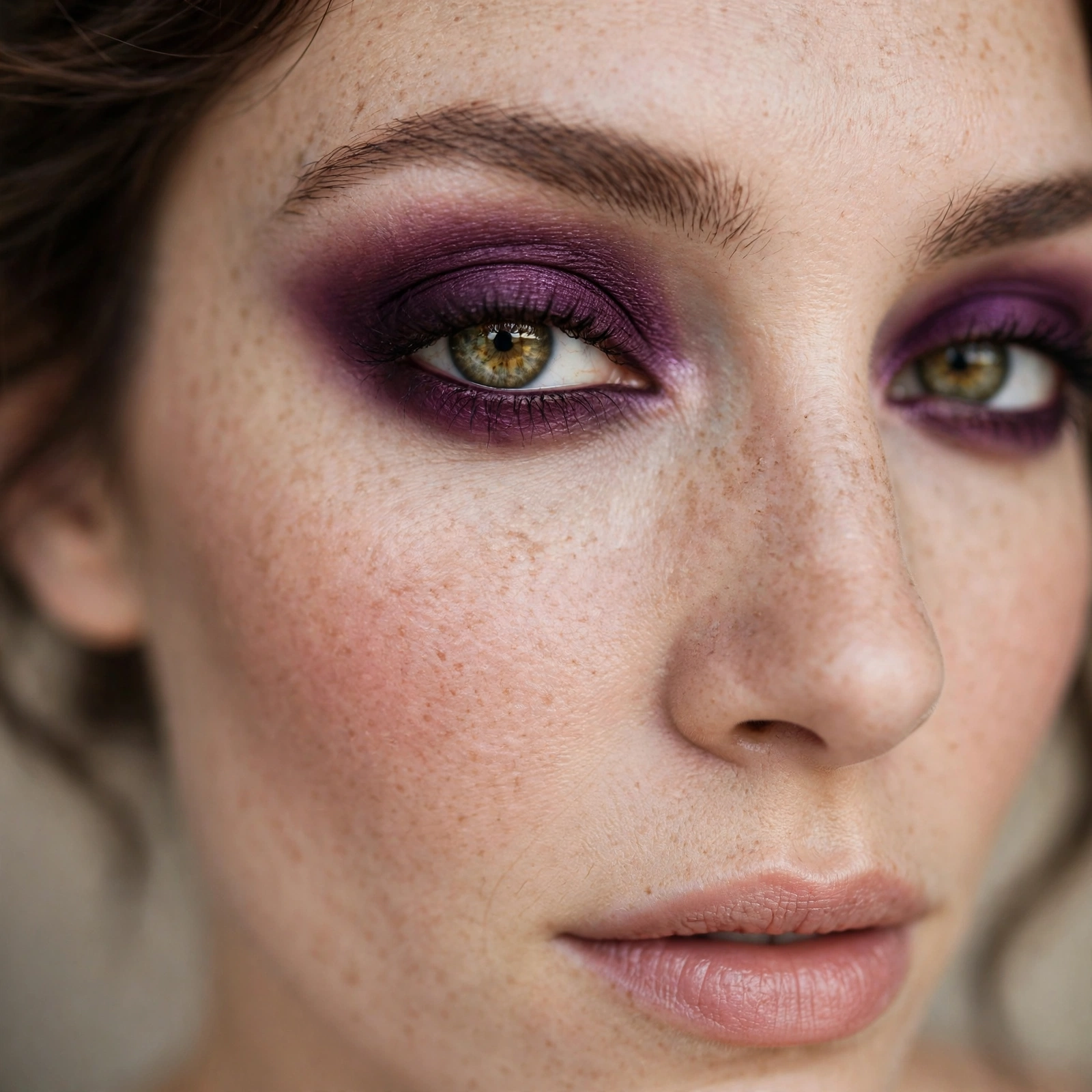 Deep plum eyeshadow on hazel eyes