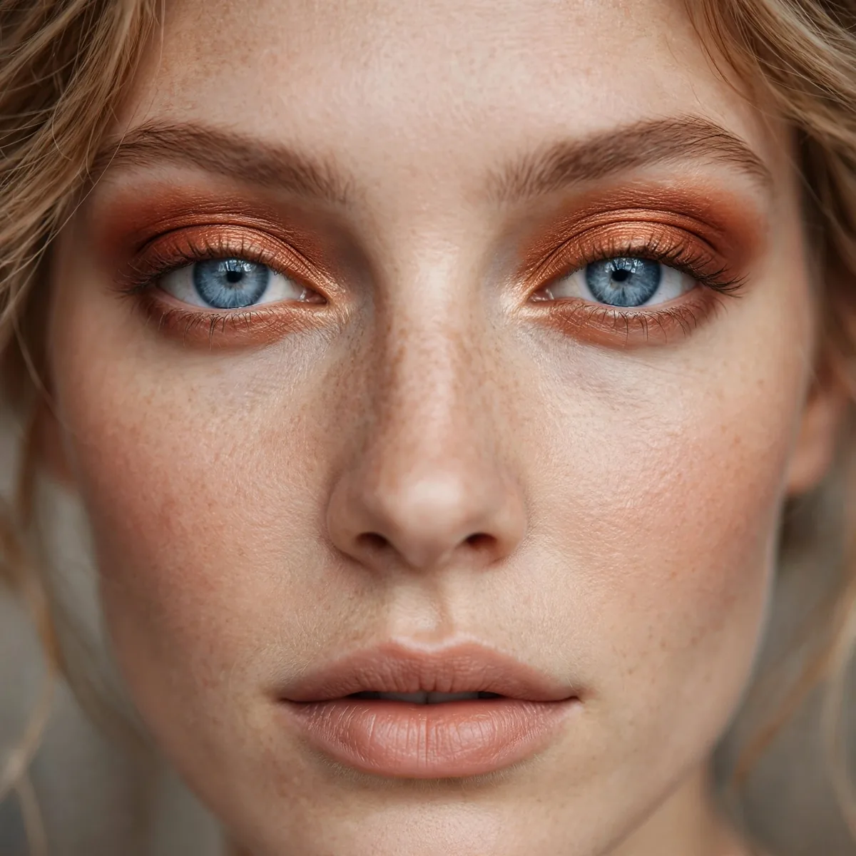 Burnt copper eyeshadow wash making blue eyes pop