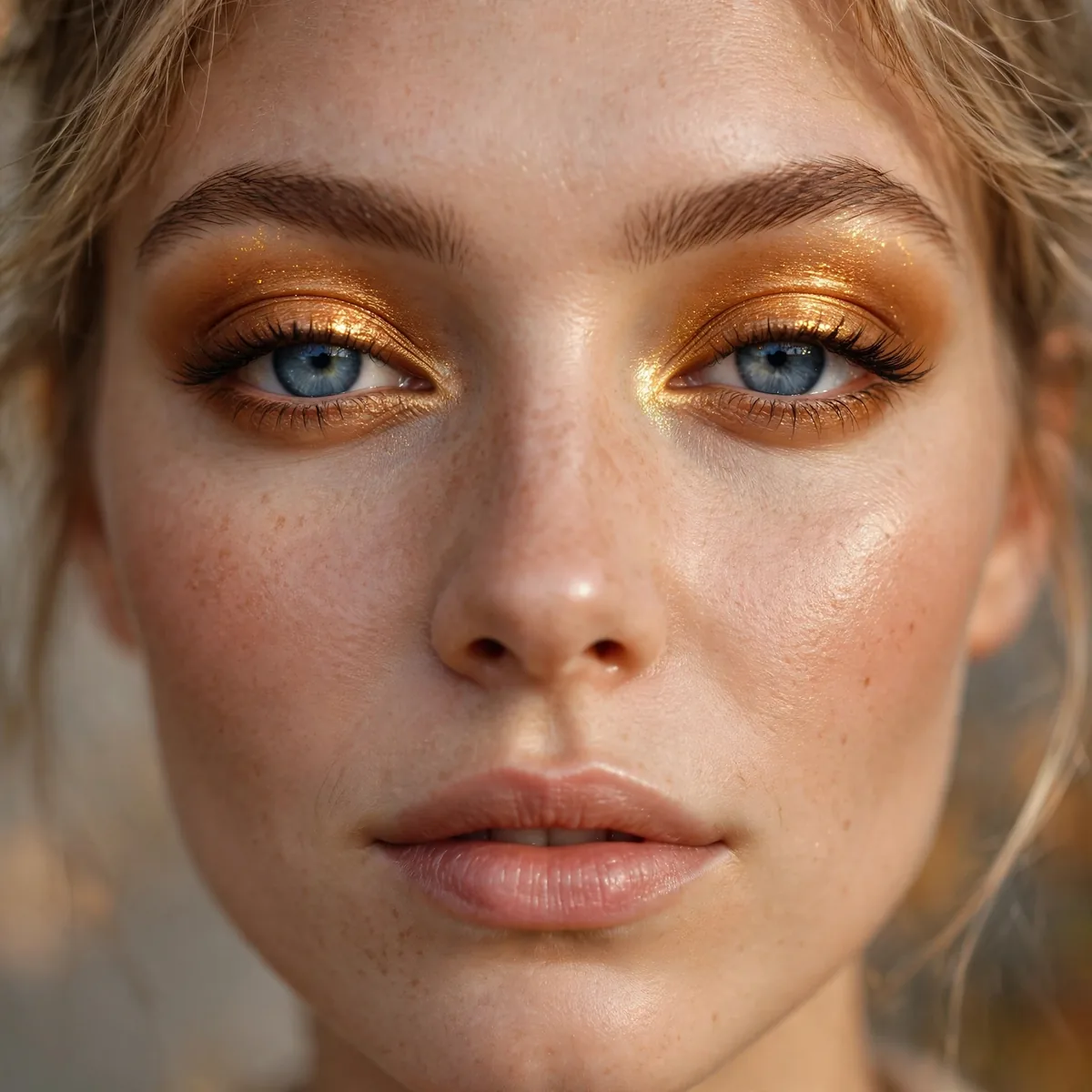 Golden amber eyeshadow glowing on blue eyes for fall