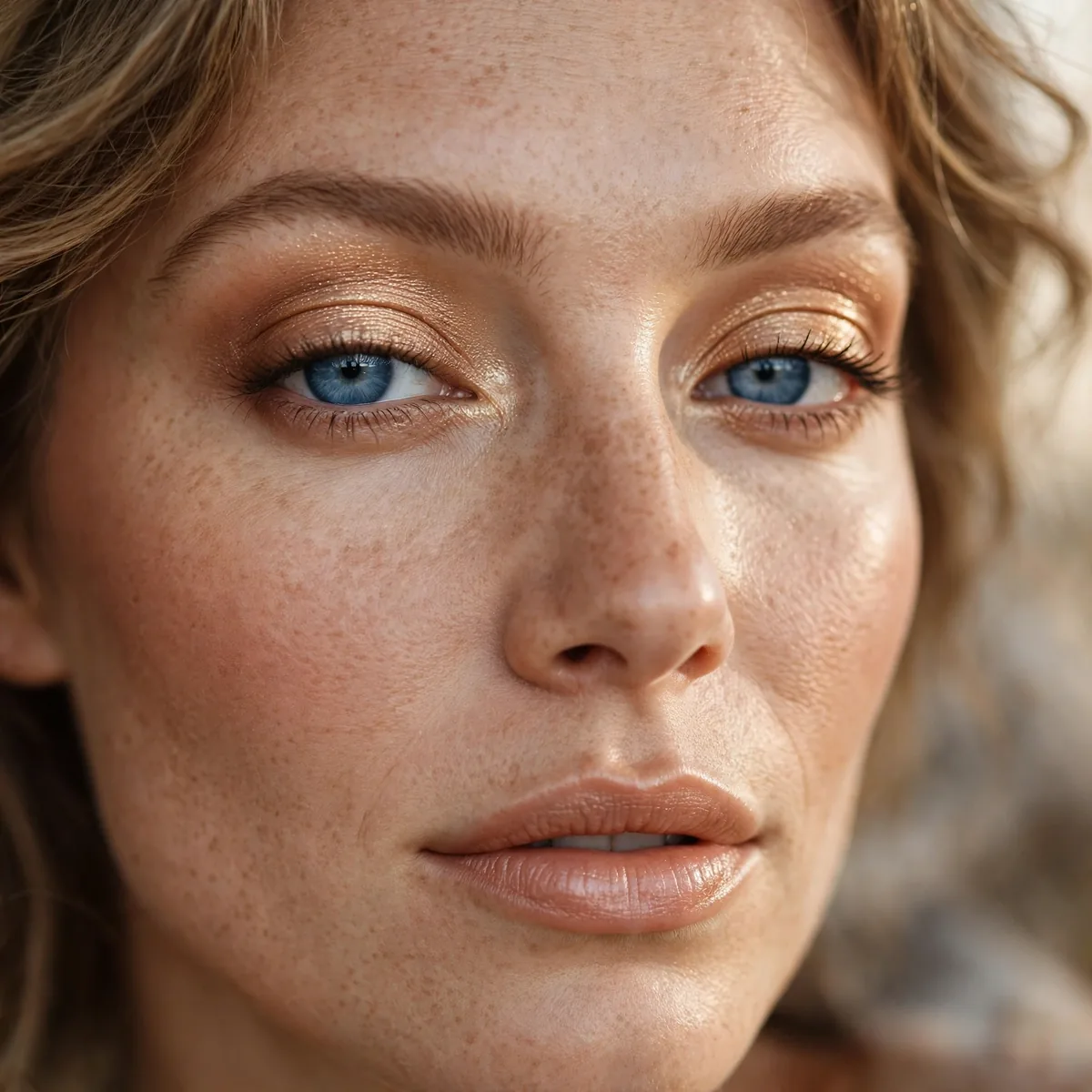 Warm champagne eyeshadow brightening blue eyes for fall