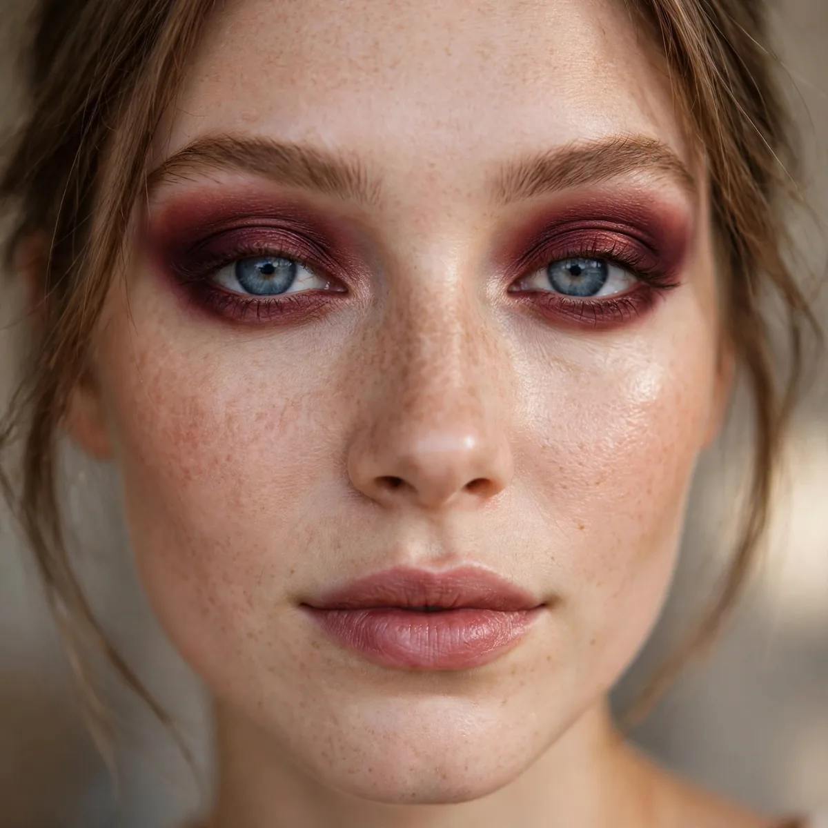 Deep burgundy eyeshadow adding depth to blue eyes for fall