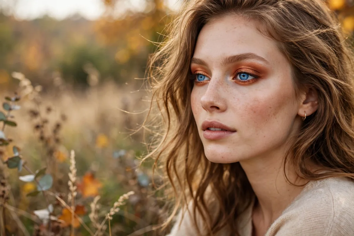 Blue eyes wearing warm copper fall eyeshadow that makes them pop
