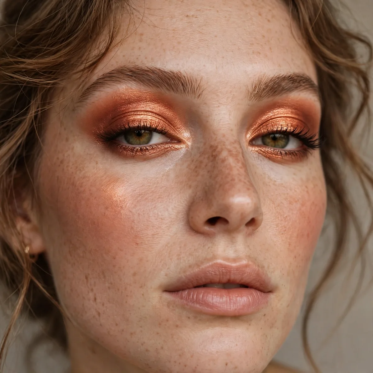 Glowing copper eyeshadow lids for a fall makeup look