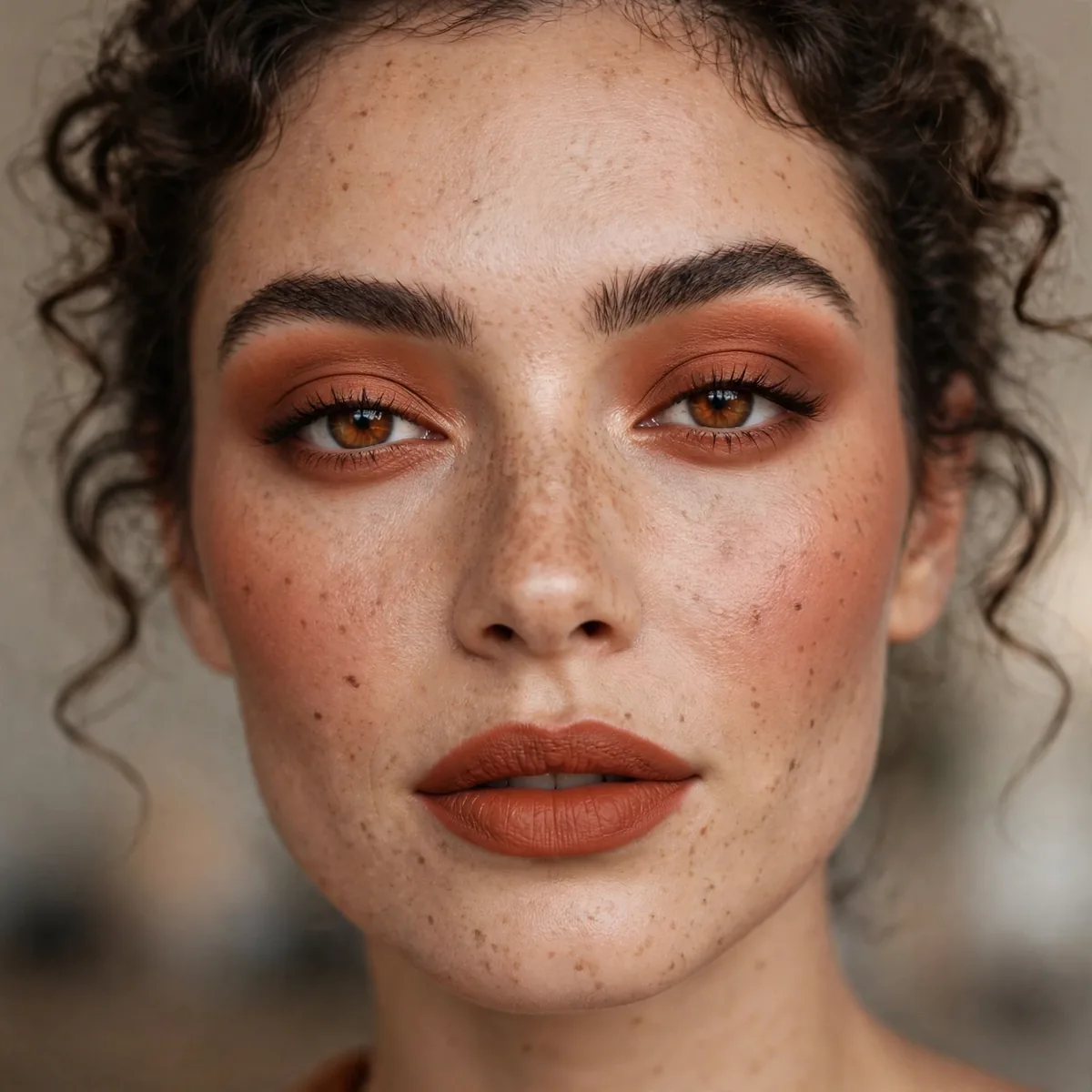 Monochromatic terracotta makeup across eyes cheeks and lips for fall