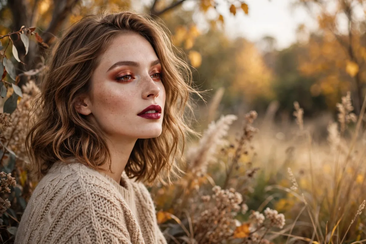 Woman with warm fall makeup featuring berry lips and copper eyeshadow