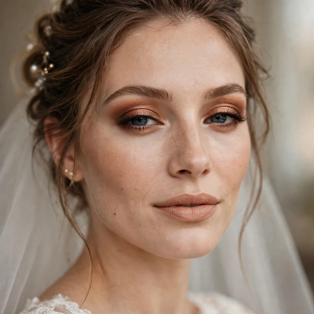 Bride wearing burnished copper eyeshadow with a soft nude lip
