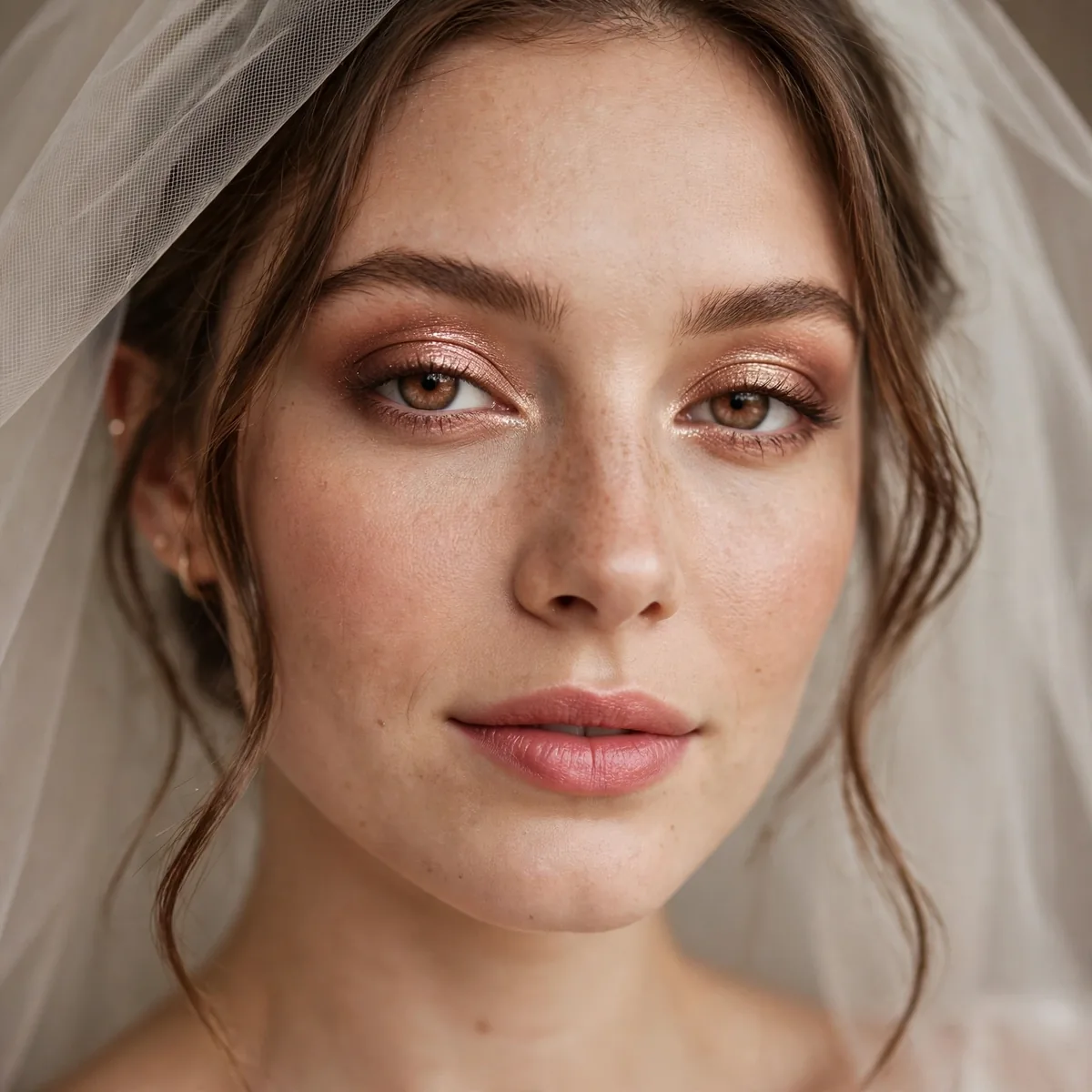 Bride wearing rose gold eyeshadow with a rosy pink lip