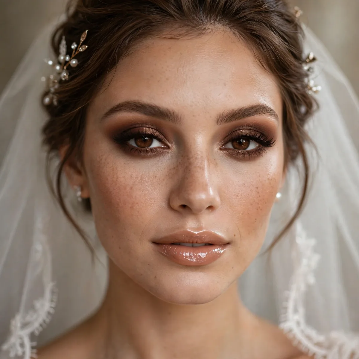 Bride with rich chocolate brown eyeshadow and glossy nude lips