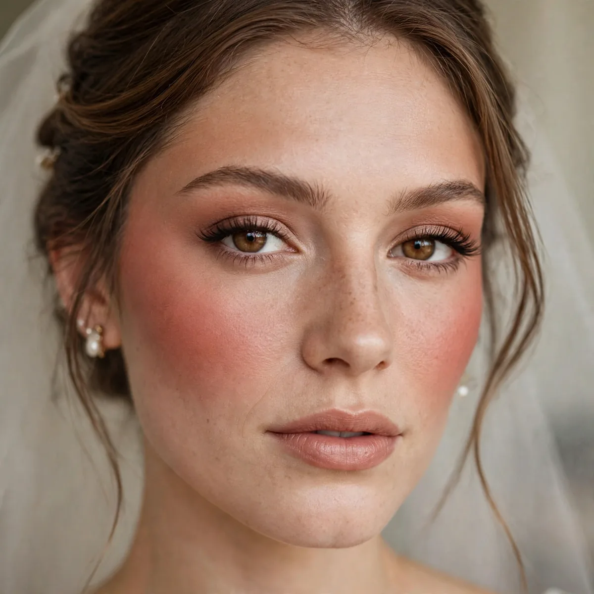 Bride with terracotta blush swept across cheeks and temples