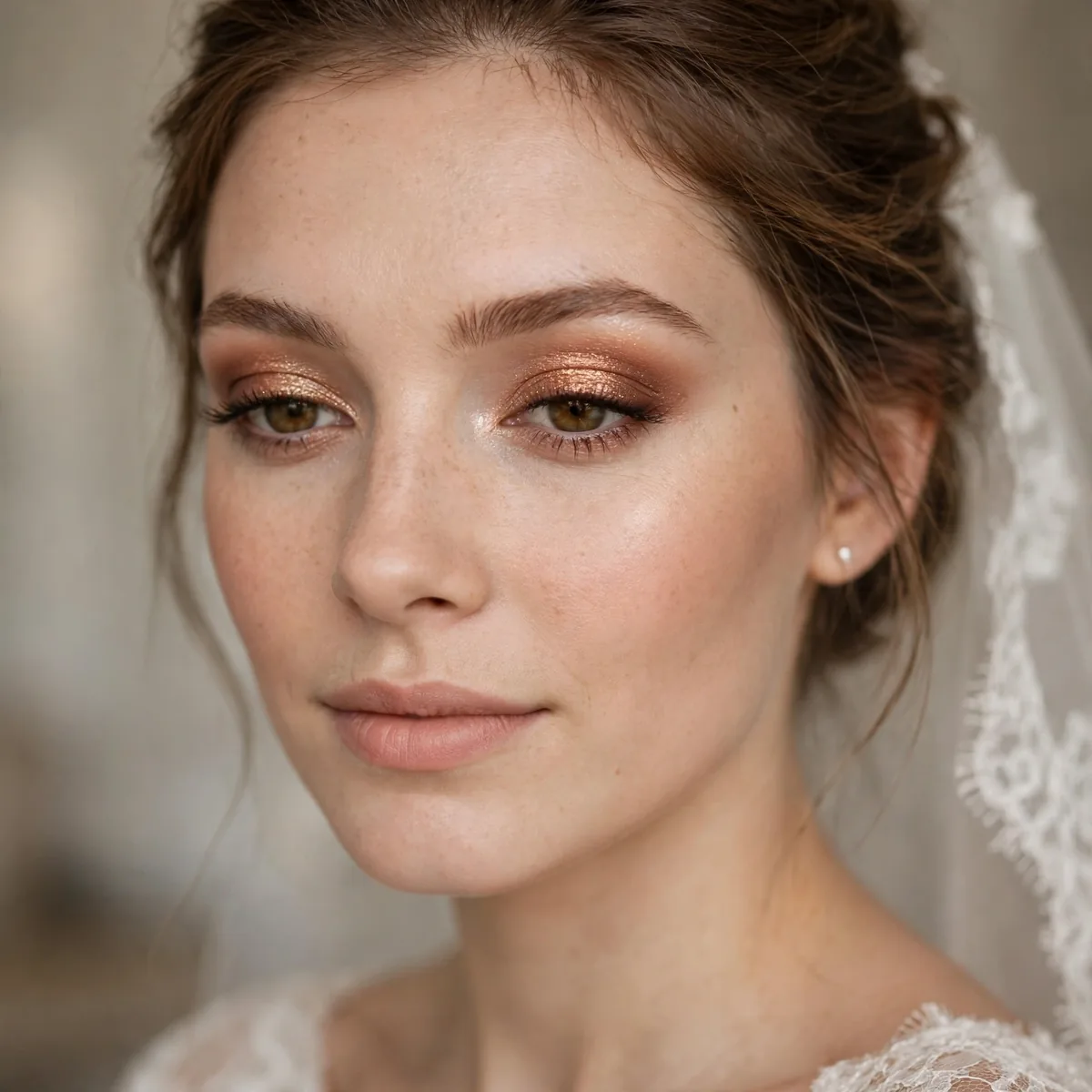 Bride with maple-toned shimmer eyeshadow on the lids