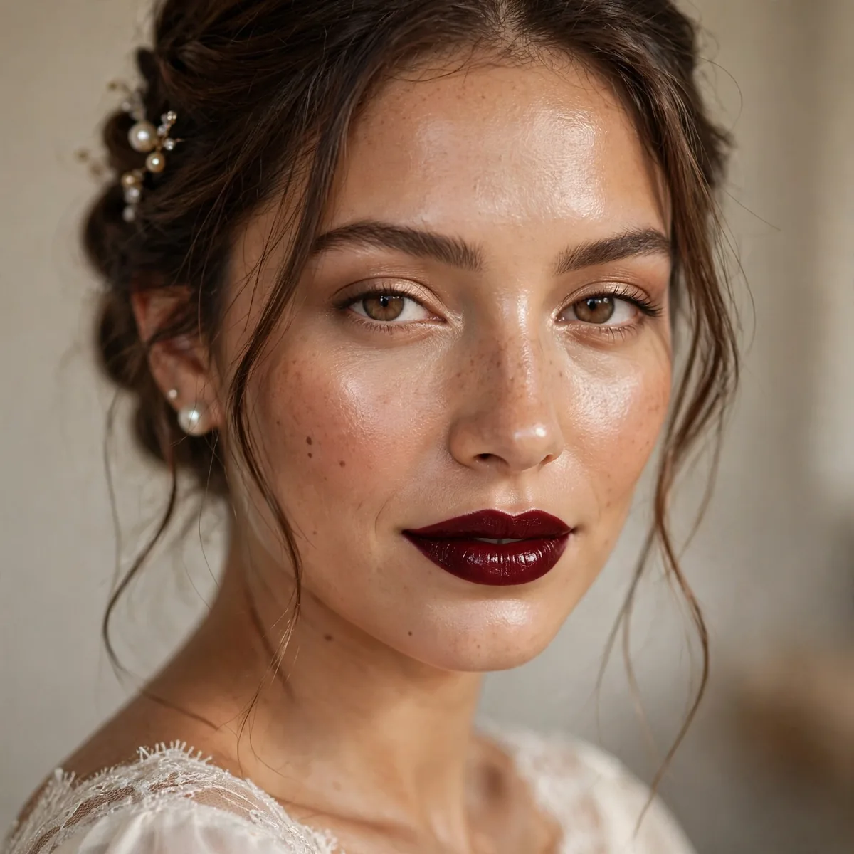 Bride with a deep oxblood lip and radiant glowing skin