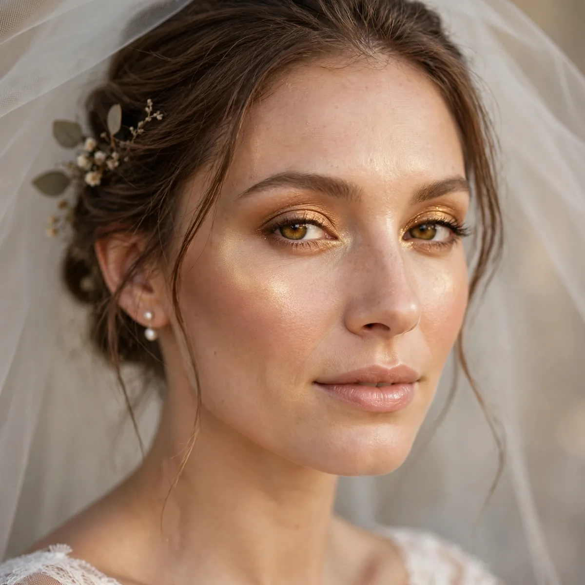 Bride with golden highlighter on cheekbones and warm gold eyes