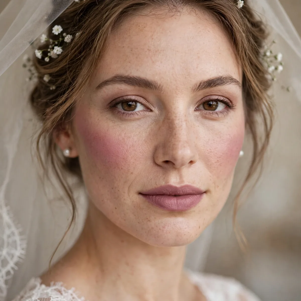 Bride with plum blush and soft mauve lips