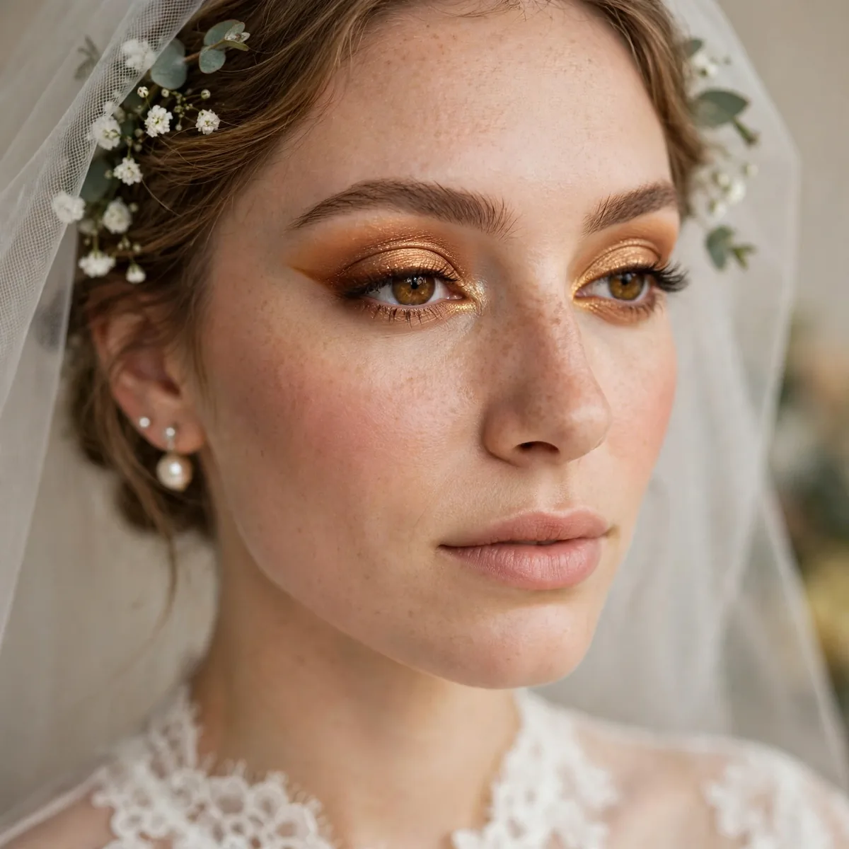Bride with an amber-toned cut crease eyeshadow look